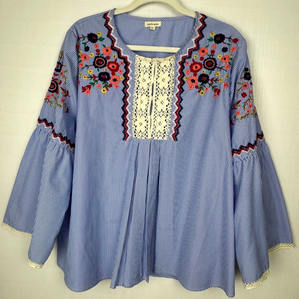 Jennifer Grace Women Striped Embroidered Long Bell Sleeve Blouse Top Size XL - Picture 2 of 15